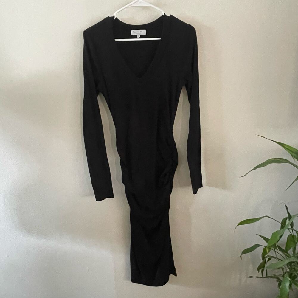 Michael Stars Womens Large Midi Dress Black Ribbed Ruched Sides Casual